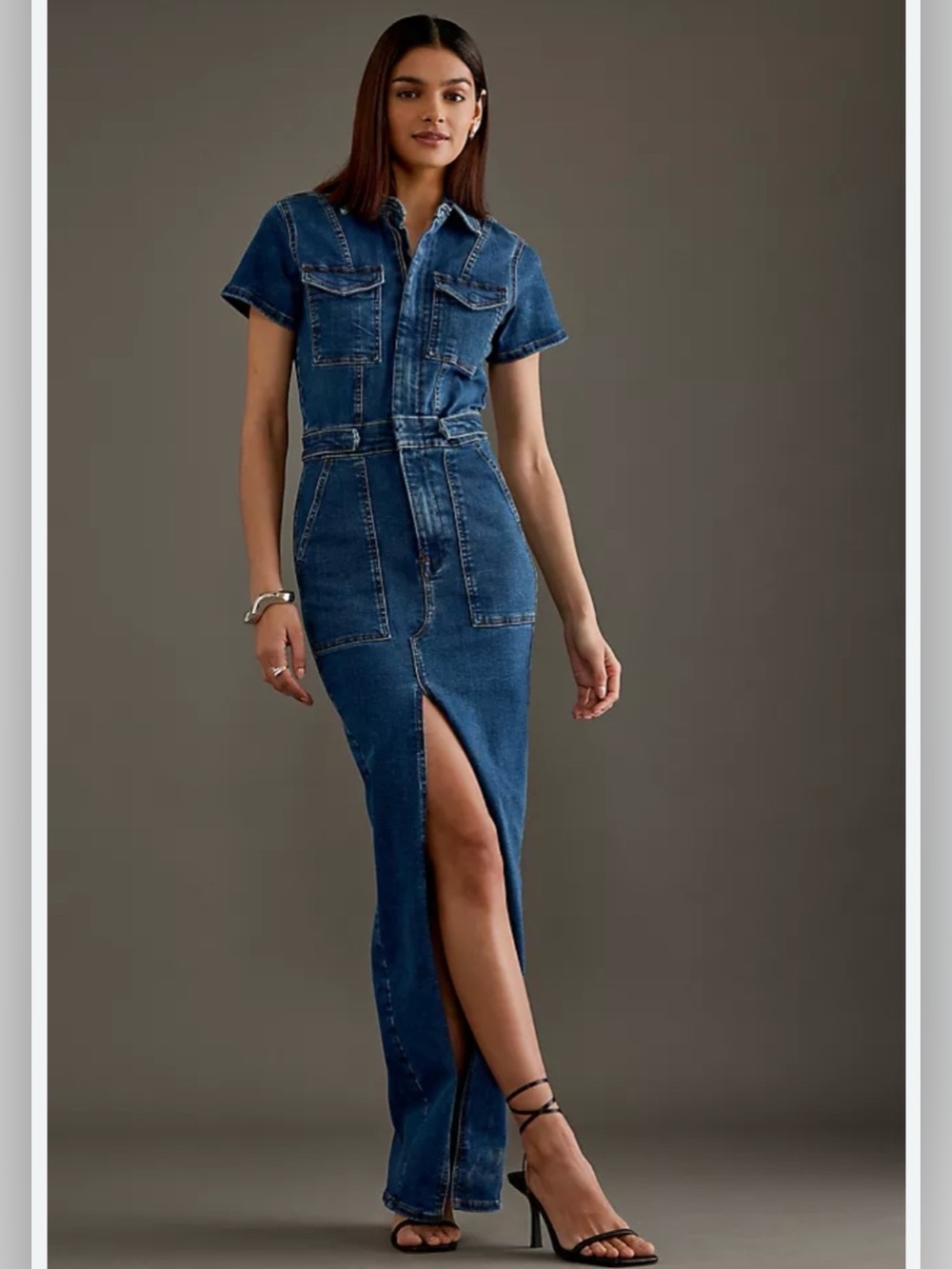NWT Good American Fit For Success Denim Maxi Dress with front slit, size S.